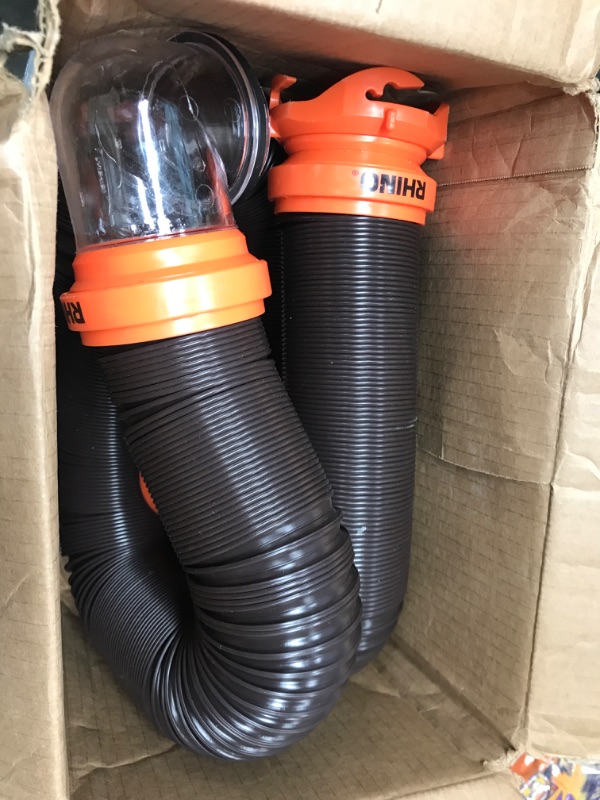 Photo 2 of Camco RhinoFLEX RV Sewer Hose Kit with Swivel Transparent Elbow and 4-in-1 Dump Station Fitting, Brown, 15 Feet (39770) 15ft Sewer Hose Kit Frustration-Free Packaging