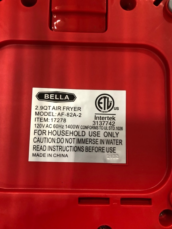 Photo 5 of BELLA 2.9QT Touchscreen Air Fryer, No Pre-Heat Needed, No-Oil Frying, Fast Healthy Evenly Cooked Meal Every Time, Dishwasher Safe Non Stick Pan and Crisping Tray for Easy Clean Up, Matte Red
