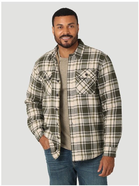 Photo 1 of MEN'S WRANGLER® HEAVYWEIGHT PLAID SHERPA LINED SHIRT JACKET IN CAPULET OLIVE (large)