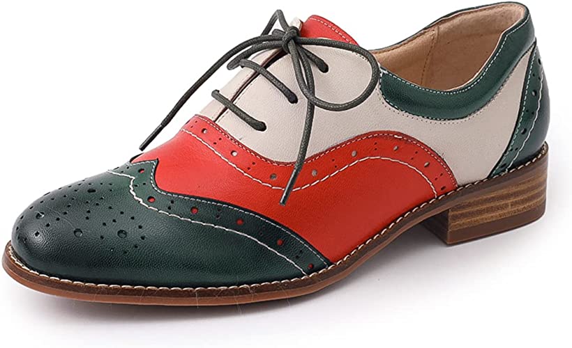 Photo 1 of Mona flying Women's Leather Perforated Lace-up Oxfords Brogue Wingtip Derby Saddle Shoes for Girls Ladies Women
