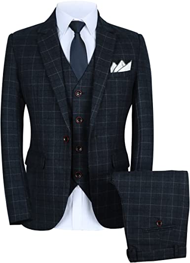 Photo 1 of MOGU Mens 3 Piece Slim Fit Plaid Suit Blazer+Vest+Pants Size 32
