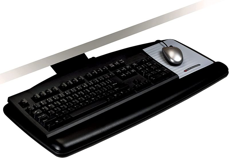 Photo 1 of 3M Keyboard Tray, Just Lift To Adjust Height And Tilt, Sturdy Tray Includes Gel Wrist Rest And Precise Mouse Pad, Swivels Side To Side And Stores Under Desk, 23" Track, Black (AKT90LE)
