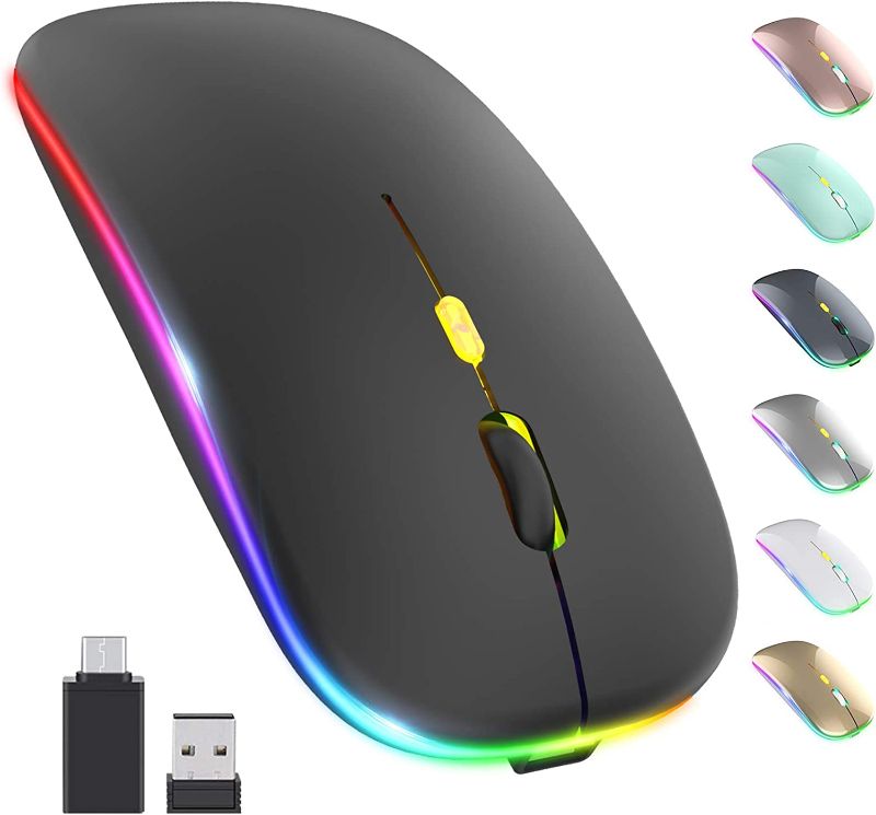 Photo 1 of LED Wireless Mouse, Rechargeable Slim Silent Mouse 2.4G Portable Mobile Optical Office Mouse with USB & Type-c Receiver, 3 Adjustable DPI for Notebook, PC, Laptop, Computer, Desktop (Black)