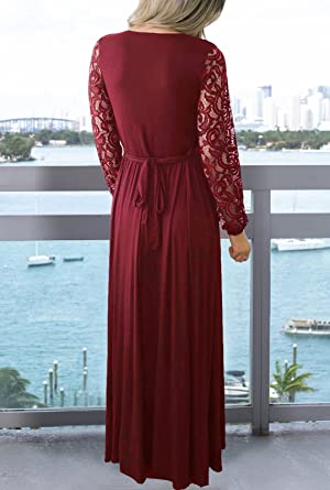 Photo 1 of Zattcas Womens Vintage Floral Lace Long Sleeve Faux Wrap V Neck Party Long Maxi Dress
