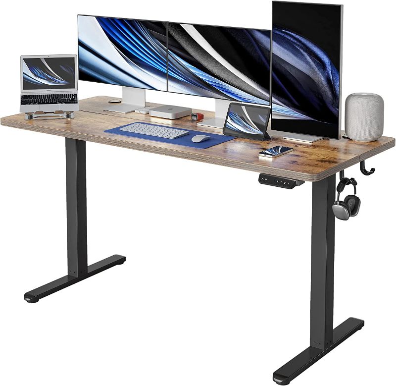 Photo 1 of Height Adjustable Electric Standing Desk, 55 x 24 Inches Stand up Table, Sit Stand Home Office Desk with Splice Board, Black Frame/Rustic Brown Top