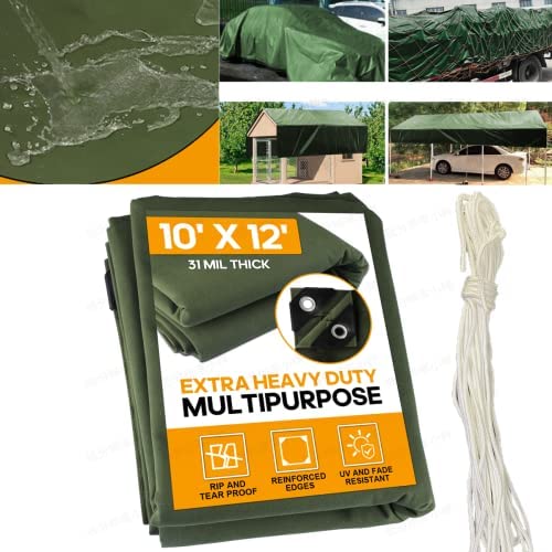 Photo 1 of 10' x 12' Super Heavy Duty 31 Mil Green Canvas Tarp Cover - Thick Waterproof, UV Resistant, Rip and Tear Proof with Grommets and Reinforced Edges Industrial & Commercial Use - PAVAAIDAN (10' x 12')