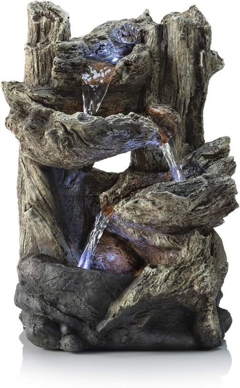 Photo 1 of Alpine Corporation 14" Tall Indoor/Outdoor Tiered Log Tabletop Fountain with LED Lights, Beige