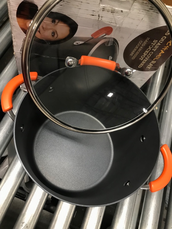 Photo 4 of Rachael Ray Brights Hard Anodized Nonstick Stock Pot/Stockpot with Lid, 10 Quart, Gray with Orange Handles