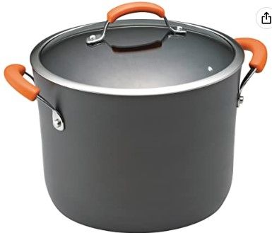 Photo 1 of Rachael Ray Brights Hard Anodized Nonstick Stock Pot/Stockpot with Lid, 10 Quart, Gray with Orange Handles