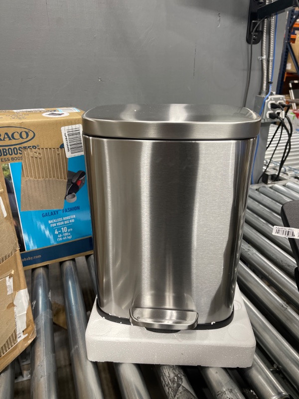 Photo 2 of Amazon Basics 12 Liter / 3.1 Gallon Soft-Close, Smude Resistant Trash Can with Foot Pedal - Brushed Stainless Steel, Satin Nickel Finish 12.3"L x 9.92"W x 15.12"H

