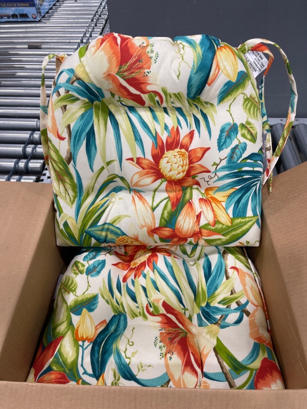 Photo 3 of 2pk Botanical Glow Tiger Lily Reversible Outdoor Chair Pad Blue - Pillow Perfect

