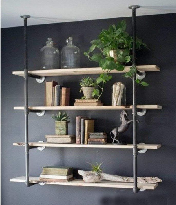 Photo 1 of *HAS NO WOOD* WGX Design For You Industrial Retro Wall Mount Iron Pipe Shelf Hung Bracket DIY Storage Shelving Bookshelf (2 Pcs 4Tier Hardware only)
