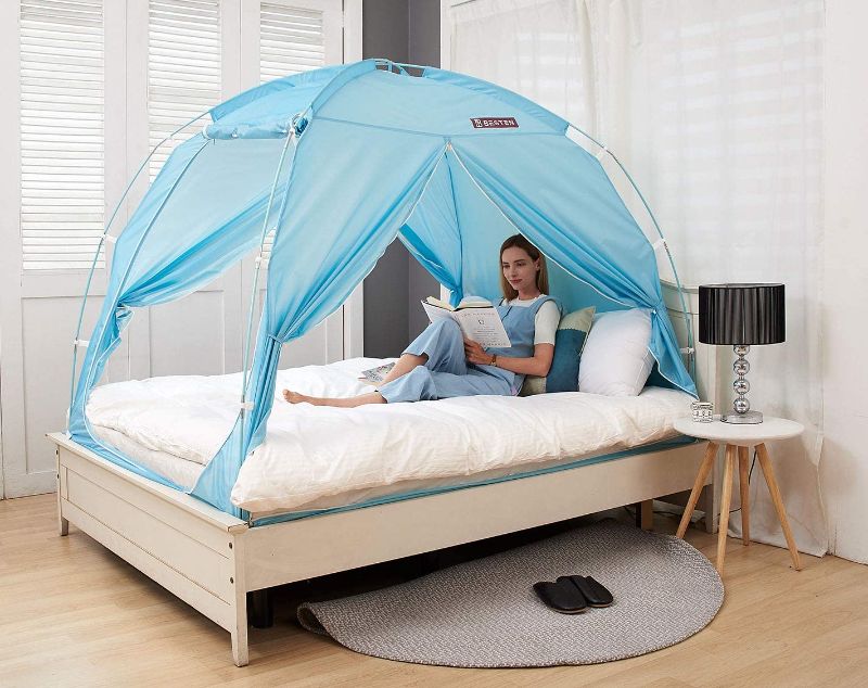 Photo 1 of BESTEN Floorless Indoor Privacy Tent on Bed with Color Poles for Cozy Sleep in Drafty Rooms (Full/Queen, Mint)
