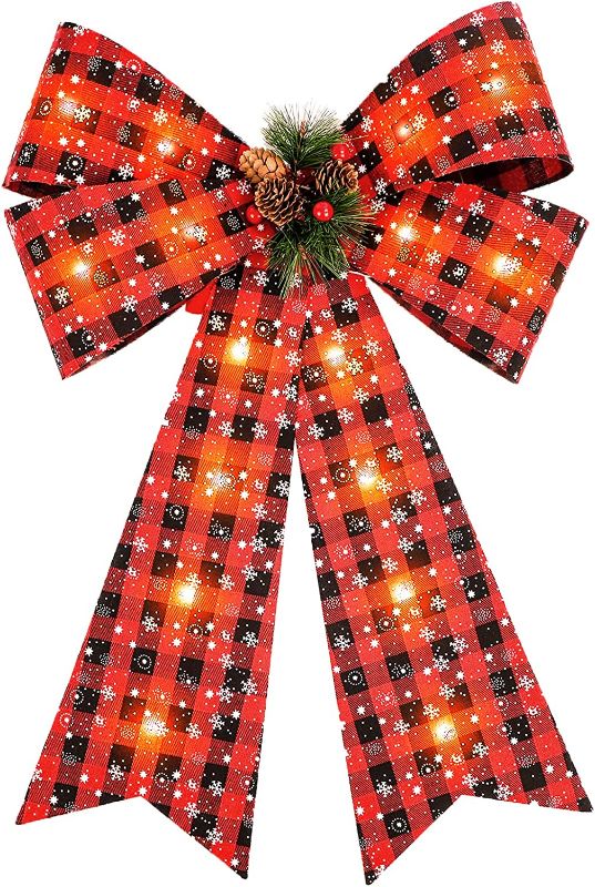 Photo 1 of Christmas Decoration Buffalo Plaid Bow Ribbon LED Lights Tree Topper with Snowflake Pine Tower Decorative Wreath Ornaments for Xmas New Year Holiday Party Decor