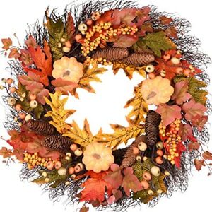 Photo 1 of  Artificial Wreath Garland Rattan Frame With Pumpkin, Berries, Pine Cone And Maple Leaves Thanksgiving Autumn Holiday Decorations