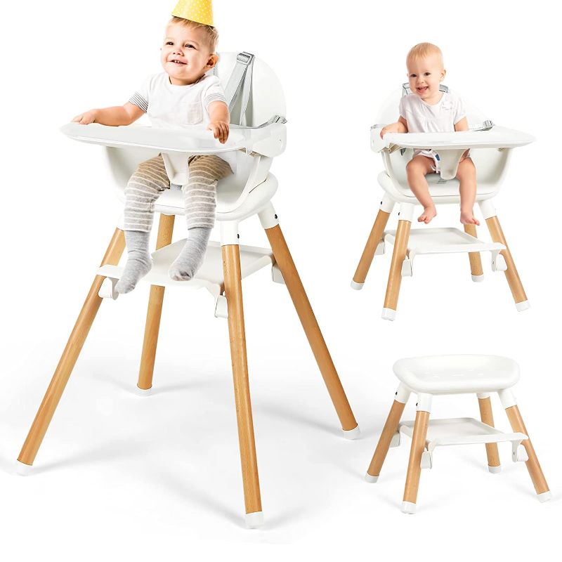 Photo 1 of Baby High Chair, 6-in-1 Convertible Infant Feeding Chair, Ergonomic Wooden Toddler Chair with Adjustable Legs, 5-Point Harness, Removable Tray Dishwasher Safe, for 6-36 Months and Up to 55 lbs, White