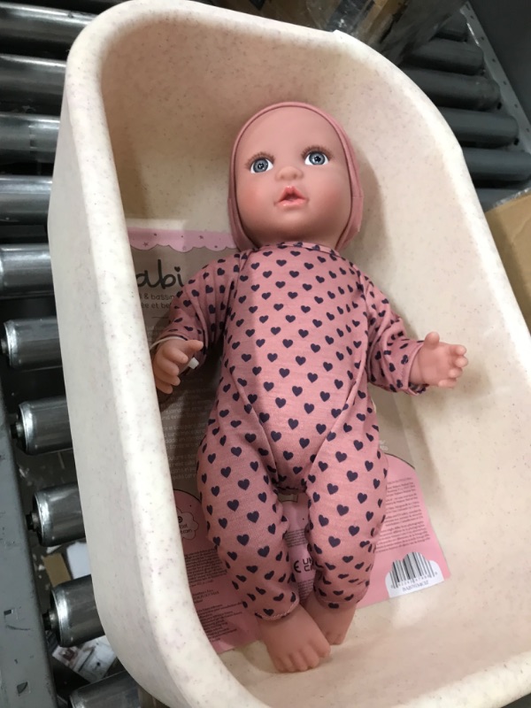 Photo 1 of Babi by Battat – 14-inch Baby Girl Doll & Bassinet – Medium-Light Skin Tone & Gray Eyes – Removable Heart Polka Dot Pajama with Pacifier – Rocking Cradle Pretend-Play–Toys for Kids Ages 2+