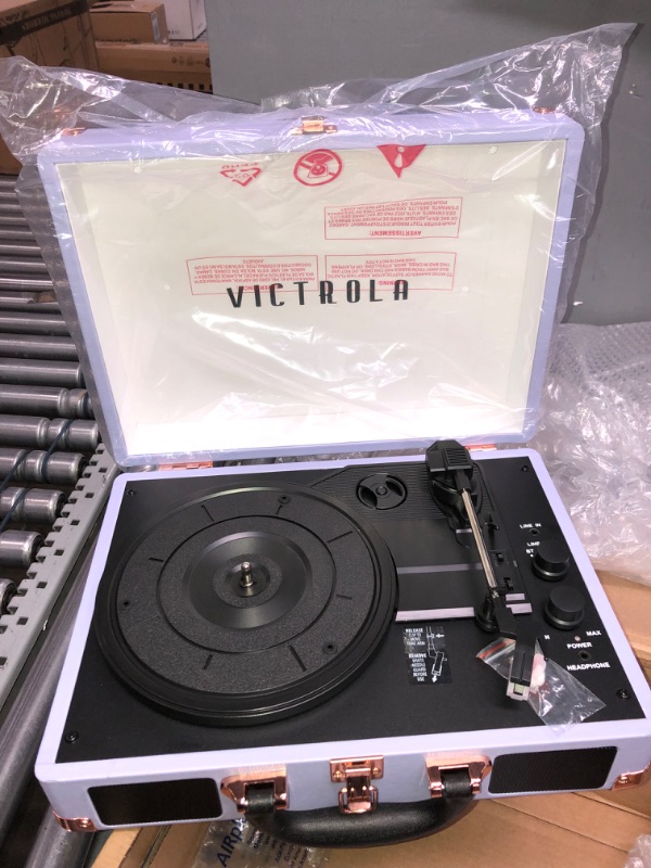 Photo 2 of Victrola Vintage 3-Speed Bluetooth Portable Suitcase Record Player with Built-in Speakers | Upgraded Turntable Audio Sound | Lavender (VSC-550BT-LVG) Lavender/Silver Record Player