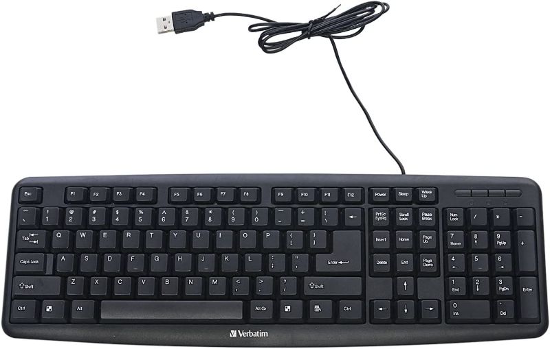 Photo 1 of Verbatim Slimline Full Size Wired Keyboard USB Plug-and-Play Compatible with PC, Laptop - Frustration Free Packaging Black
