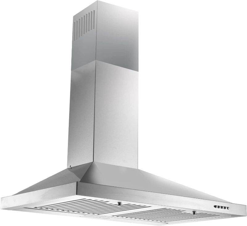 Photo 1 of 30 Inch Range Hood, Wall Mount Vent Hood in Stainless Steel with Ducted/Ductless Convertible Duct, 3 Speed Exhaust Fan, Energy Saving LED Light, Push Button Control, 2 Pcs Baffle Filters
