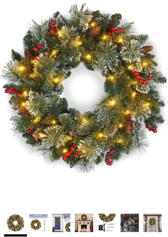 Photo 1 of 24 Inch Christmas Wreath Green Leaves Wreath for Front Door Artificial Eucalyptus Wreath with Berry and Pine Branches Christmas Decorations Indoor and Outdoor Holiday Decorations