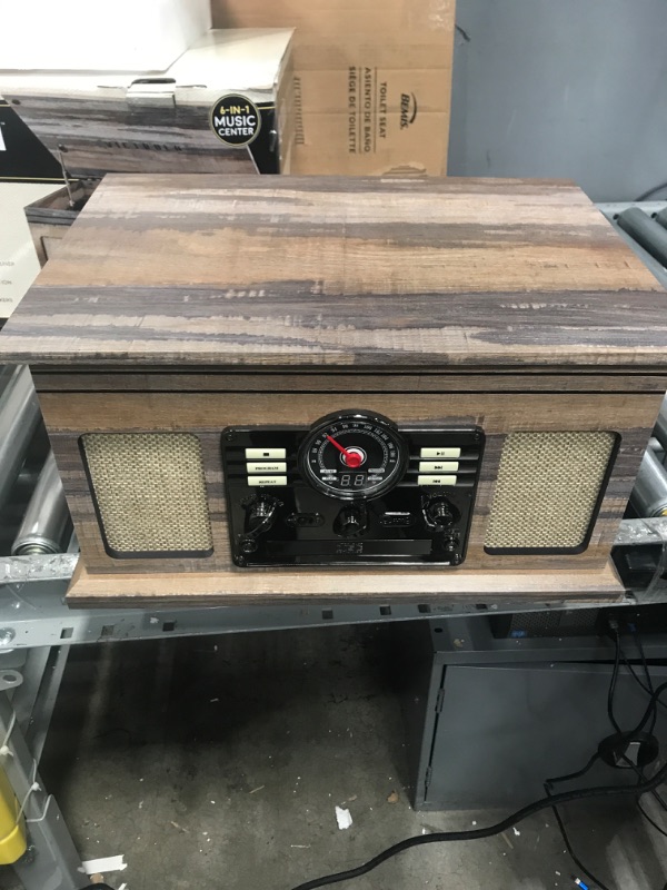 Photo 3 of **DOES NOT WORK** Victrola Nostalgic 6-in-1 Bluetooth Record Player & Multimedia Center & Cassette Player, AM/FM Radio | Wireless Music Streaming | Farmhouse Shiplap Grey & Wooden Record Crate, Wood Color Farmhouse Shiplap Grey Entertainment Center + Reco