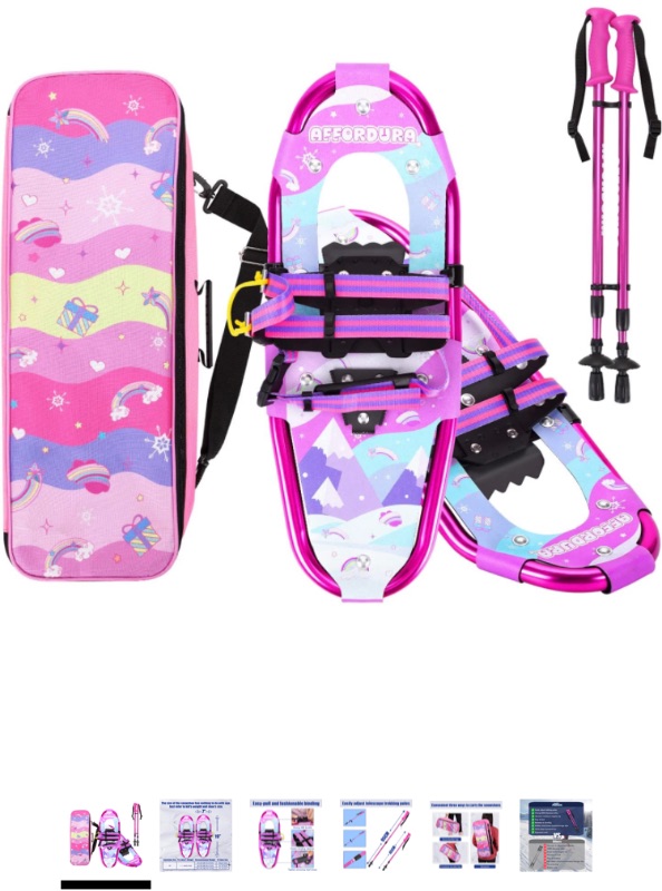 Photo 1 of Affordura Kids Snowshoes for Kids Pattern Design for Stylish Look Snowshoes for Kids Lightweight Aluminum Youth Snowshoes with Poles and Storage Bag