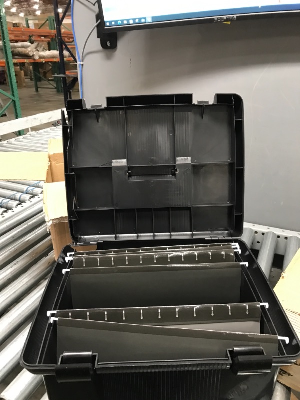 Photo 1 of Pendaflex Portable File Box with File Rails, Hinged Lid with Double Latch Closure, Black, 3 Black Letter Size Hanging Folders Included (41742AMZ)