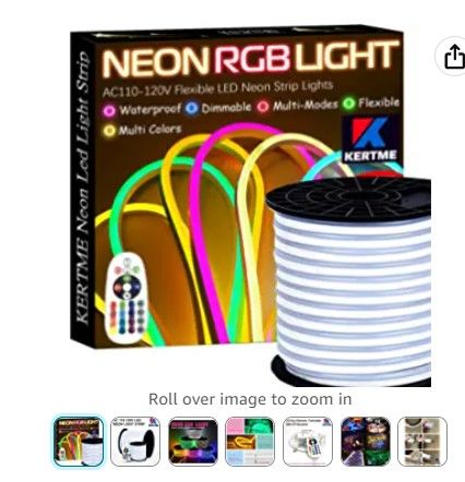 Photo 1 of KERTME Neon Led Type AC 110-120V LED NEON Light Strip, Flexible/Waterproof/Dimmable/Multi-Colors/Multi-Modes LED Rope Light + 24 Keys Remote for Home/Garden/Building Decoration (32.8ft/10m, RGB)
