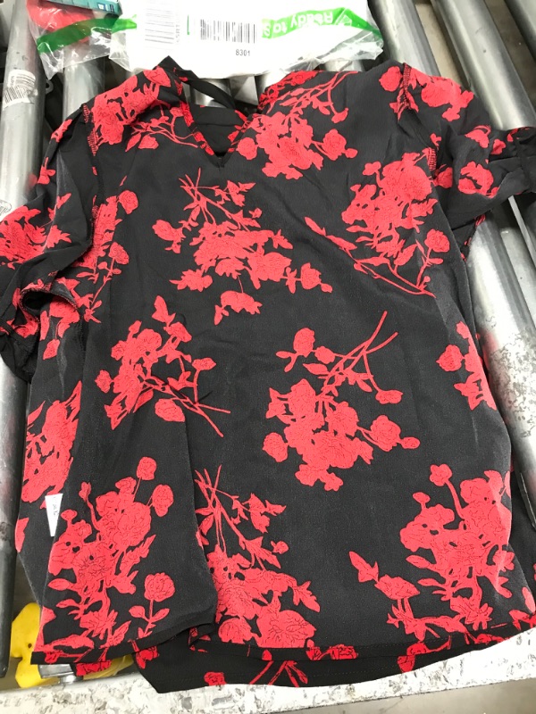 Photo 2 of Floral Long Flounce Sleeve Tie-Neck Blouse Black/Red / XL
