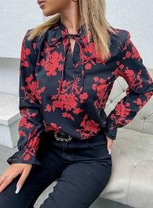 Photo 1 of Floral Long Flounce Sleeve Tie-Neck Blouse Black/Red / XL
