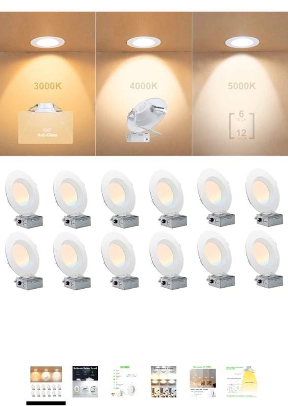 Photo 1 of 12 Pack LED Recessed Lighting 6 Inch, CRI90 3000K/4000K/5000K Selectable LED Can Lights, Dimmable Can-Killer Downlight,12W 1200LM (110W Eqv.) Canless LED Recessed Light-IC Rated