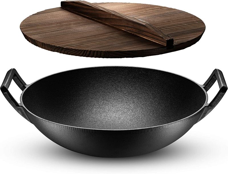 Photo 2 of  Pre-Seasoned Cast Iron Wok Pan with Wood Wok Lid and Handles - 14" Large Wok Pan with Flat Base and Non-Stick Surface for Deep Frying, Stir-Frying, Grilling, Steaming - Stovetop and Oven Safe

