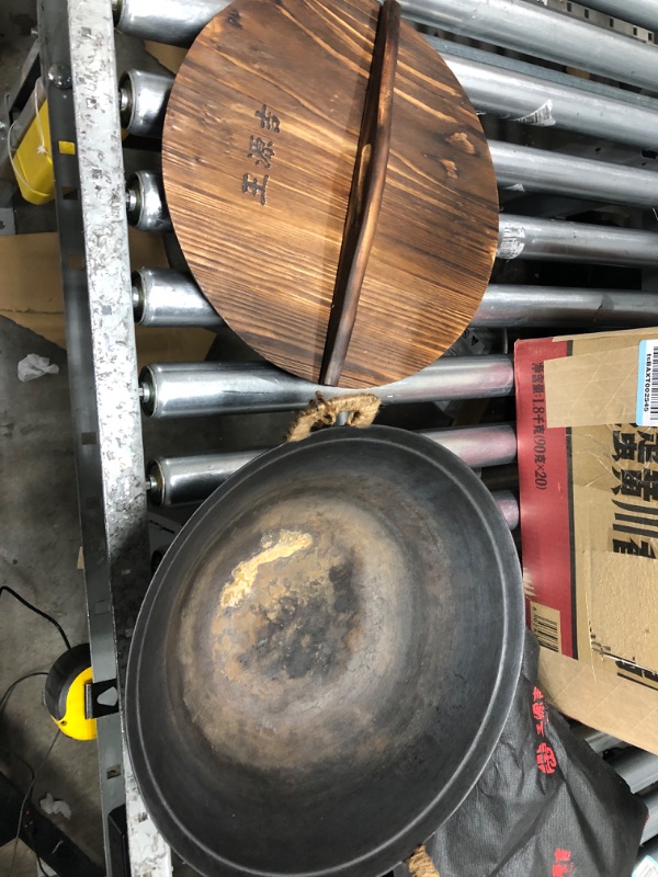 Photo 1 of  Pre-Seasoned Cast Iron Wok Pan with Wood Wok Lid and Handles - 14" Large Wok Pan with Flat Base and Non-Stick Surface for Deep Frying, Stir-Frying, Grilling, Steaming - Stovetop and Oven Safe

