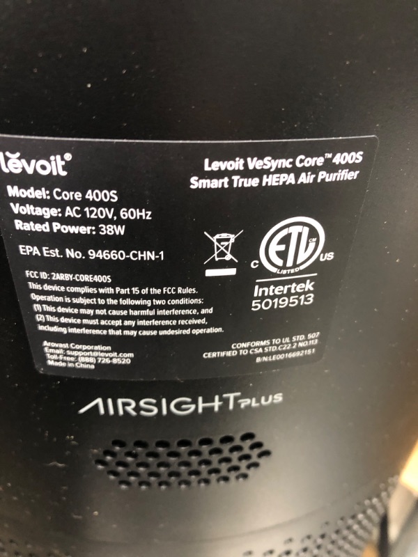Photo 3 of *** POWERS ON *** LEVOIT Air Purifiers for Home Large Room, Smart WiFi and PM2.5 Monitor H13 True HEPA Filter Removes Up to 99.97% of Particles, Pet Allergies, Smoke, Dust, Auto Mode, Alexa Control, 990 sq.ft, Black Core 400S Black Air Purifiers