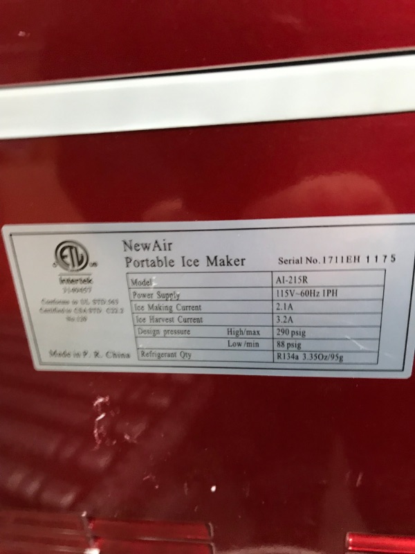 Photo 4 of NewAir Portable Ice Maker 50 lb. Daily | Red | 3 Size Bullet Shaped Ice | First Batch Under 10 Minutes | Self Cleaning Quiet Operation Countertop Ice Machine | AI-215R 
MINOR DAMAGE
