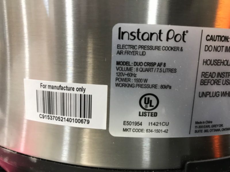 Photo 6 of *Tested-Minor Damage/Dent* Instant Pot 8 qt 11-in-1 Air Fryer Duo Crisp + Electric Pressure Cooker