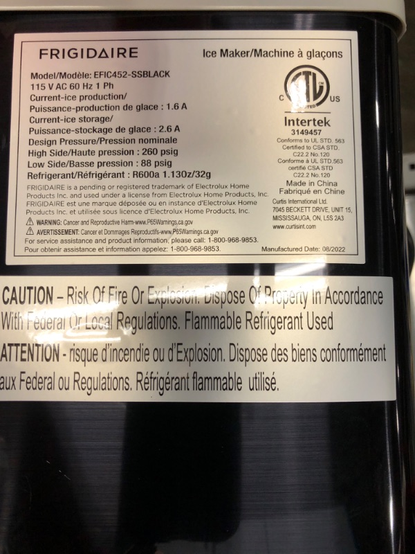 Photo 2 of *** LEFT SIDE MINOR DENT ***Frigidaire EFIC452-SSBLACK XL Maker, Makes 40 Lbs. of Clear Square Ice Cubes A Day, Black Stainless