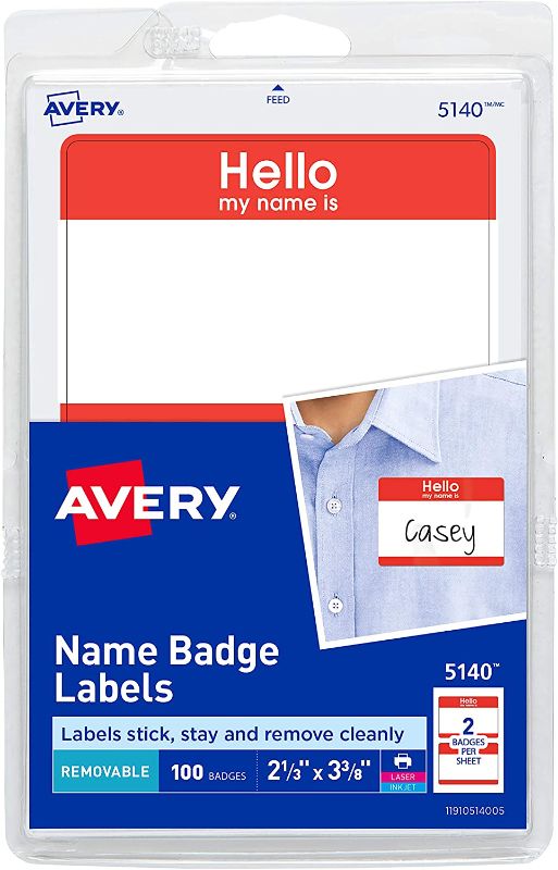 Photo 1 of Avery Hello My Name is Name Tags, White with Red Border, 100 Removable Name Badges (05140)
