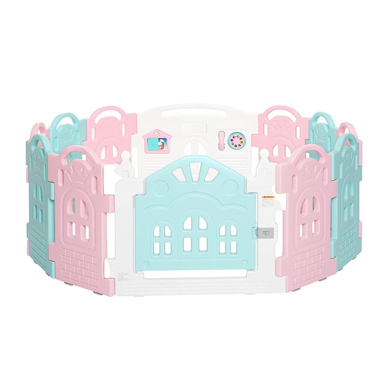 Photo 2 of Dream On Me 12 Panel Rumi Baby Playpen in Pink and Blue, Easy to Fold and Store, Fun Game Panel, Indoor and Outdoor Playpen for Babies and Toddlers
