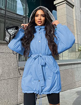 Photo 1 of size xxsmall- PRETTYGARDEN Women's 2023 Hooded Puffer Jackets Long Sleeve Button Down Belted Warm Winter Trench Coat Outerwear With Pockets
