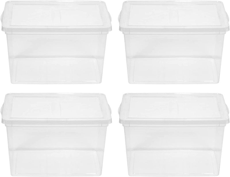 Photo 1 of (See photo for damage) IRIS USA 65 Quart Snap Top Lid Stackable Clear Plastic Storage Bin Box Container Organizer Tote for Blankets, Comforters, and Sleeping Bags, 4 Pack
