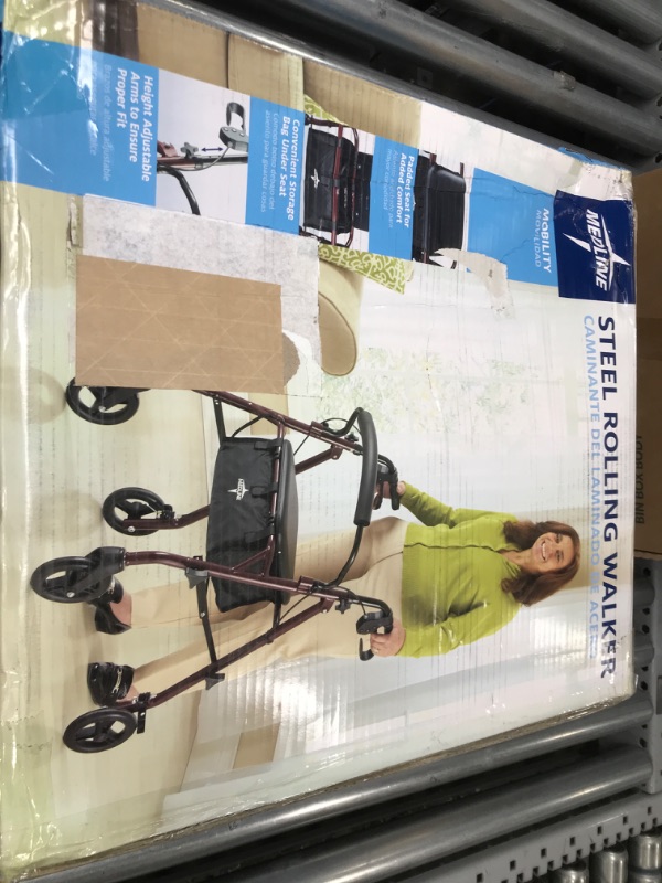 Photo 2 of *USED*Medline Aluminum Rollator Walker With Seat, 6" Wheels, Supports Up To 250 Lbs, Burgundy
