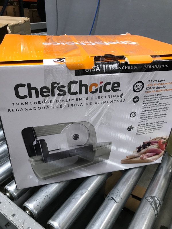 Photo 1 of Chef'sChoice 615A Electric Meat Slicer Features Precision thickness Control & Tilted Food Carriage For Fast & Efficient Slicing with Removable Blade for Easy Clean, 7-Inch, Silver 615A Meat Slicer