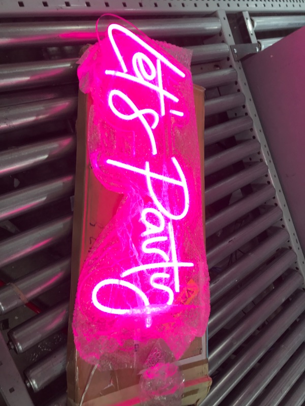 Photo 1 of VEVOR Let's Party Neon Sign, 26" x 12" Neon Sign for Wall Decor, Adjustable Brightness Pink Neon Light Sign with Remote Control and Power Adapter, for Party/Wedding Celebration/Home Decoration Pink-26"x 12"
