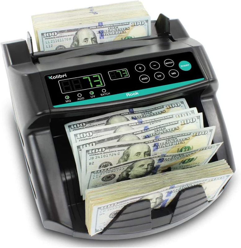 Photo 1 of Kolibri Rook Money Counter with UV/MG/IR Counterfeit Detection – Count, Add & Batch Modes, Fast Bill Counter with a Speed of 1,400 Notes Per Minute - US Dollar Cash Counter with Dual LED Display
