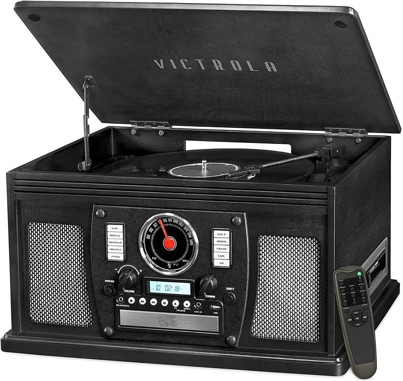 Photo 5 of *** POWERS ON *** Victrola 8-in-1 Bluetooth Record Player & Multimedia Center, Built-in Stereo Speakers - Turntable, Wireless Music Streaming, Real Wood | Black, 1SFA
