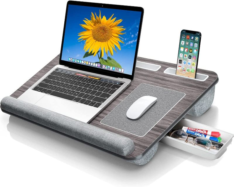 Photo 1 of Gimars Home Office Lap Desk Fits up to 17 Inches Laptop with Dual Cushion,Wrist Rest, Built-in Mouse Pad, Tablet Phone Holder and Storage Drawer, Grey
