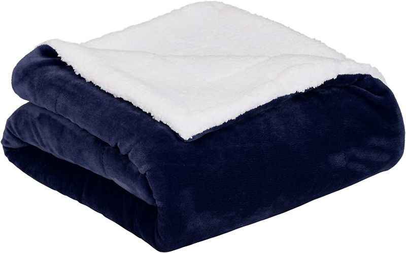 Photo 1 of Amazon Basics Ultra-Soft Micromink Sherpa Blanket - Full or Queen, Navy Blue
