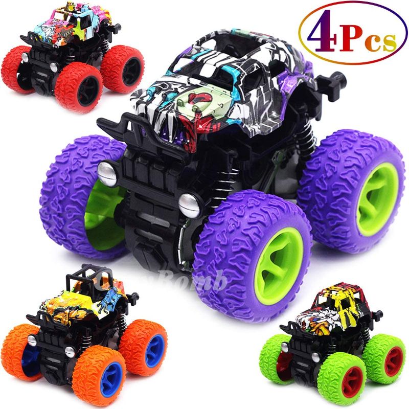 Photo 1 of CozyBomB Friction Powered Monster Trucks Toys for Boys - Push and Go Car Vehicles Truck Playset, Inertia Vehicle, Kids Birthday Christmas Party Supplies Gift 3 Years Old (Purple, Red, Orange, Green)
